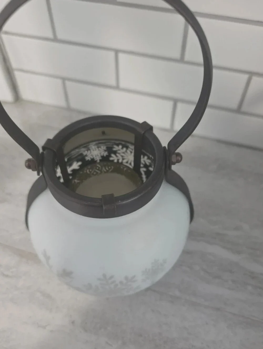 Bath And Body Works White Snowflake Glass Lantern with Black Metal Handle